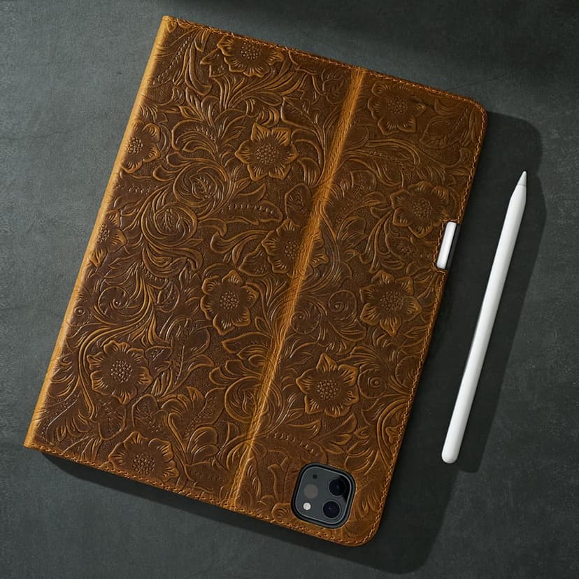 Gexmil Genuine Leather Case for iPad Pro 11 Inch (M5/M4) 2025/2024 with Pencil Holder,Protective Shockproof Leather Smart Folio Cover Adjustable Stand Auto Sleep/Wake Anti-Slip, Flower Brown