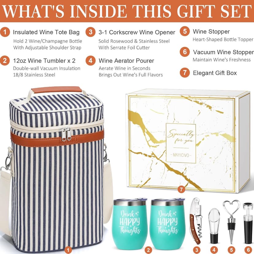 Birthday Christmas Gifts for Women Men - Wine Gift Baskets Christmas Gifts For Mom, Women, Friend, Wine Lovers, Self Care Package, Insulated Wines Tote Bag Carrier w/ Tumblers & Wines Accessories Set
