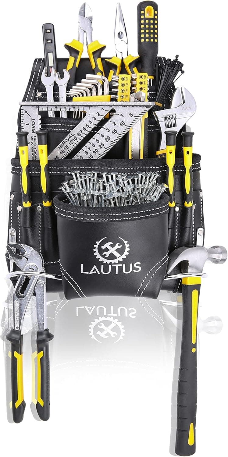 LAUTUS Oil Tanned Leather Tool Pouch Bag | Black | Carpenter, Construction, Framers, Handyman | 10 Pockets, 2 Hammer Holders | 100% Leather