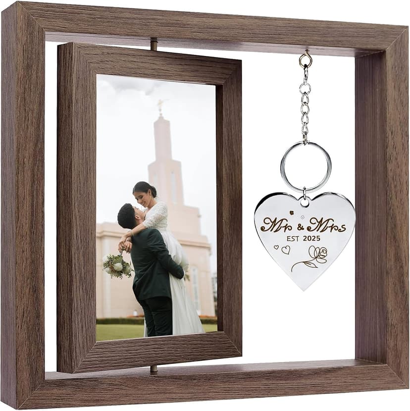 Wedding Gifts for Couples 2025,Rotating Floating Mr and Mrs Picture Frame,4x6 Rustic Picture Frame Engagement Gifts for Couples,Bridal Shower Gift for Bride to Be