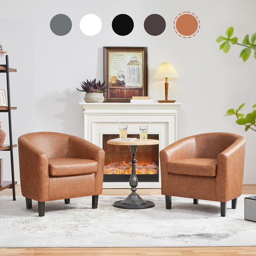 Yaheetech Brown Accent Chairs Set of 2, Faux Leather Barrel Chairs, Comfy Modern Leather Club Armchairs with Soft Seat for Living Room Bedroom Reading Waiting Room
