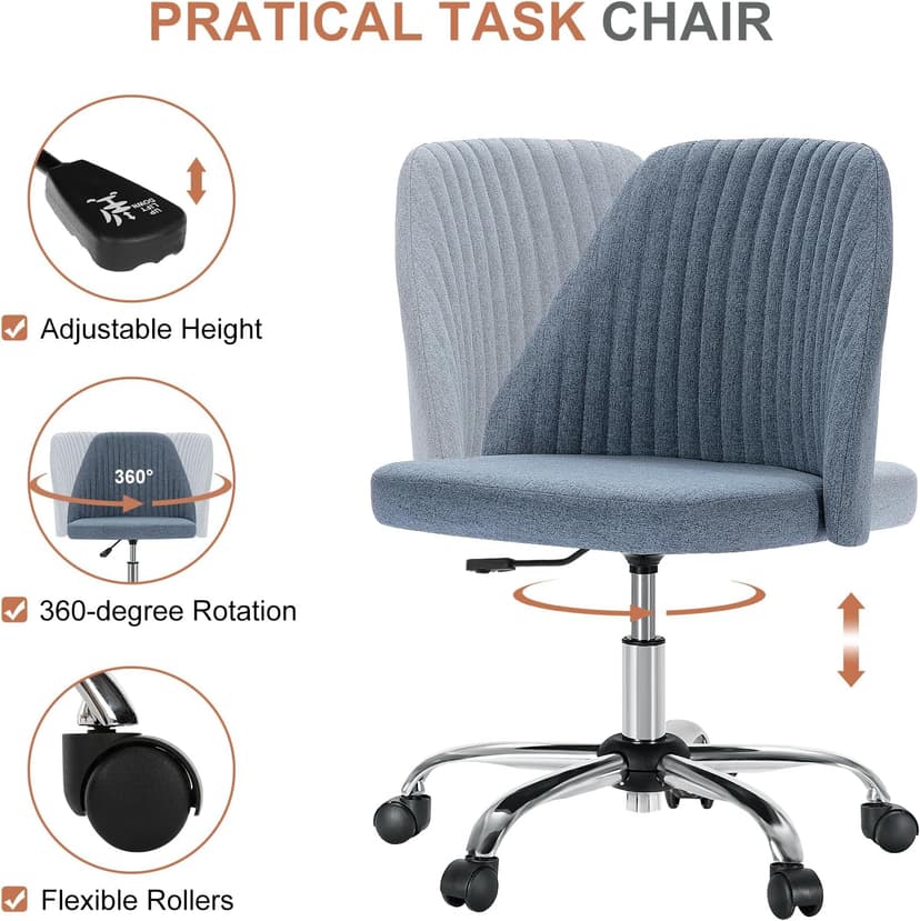DUMOS Office Chair, Comfy Desk Chair Rolling Vanity Swivel Task Chairs with Wheels, Wide Seating Armless Height Adjustable Computer Chairs for Home,Bedroom,Student,Adults, Blue