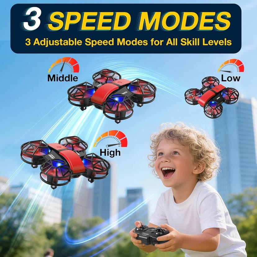 Red Mini Drone for Kids, Indoor & Outdoor RC Quadcopter, Full Propeller Guards, LED Light, 3D Flips, One Key Start, Headless Mode, 2 Rechargeable Batteries, 21 Mins Total Flight Time, Toy Gift for Boys and Girls