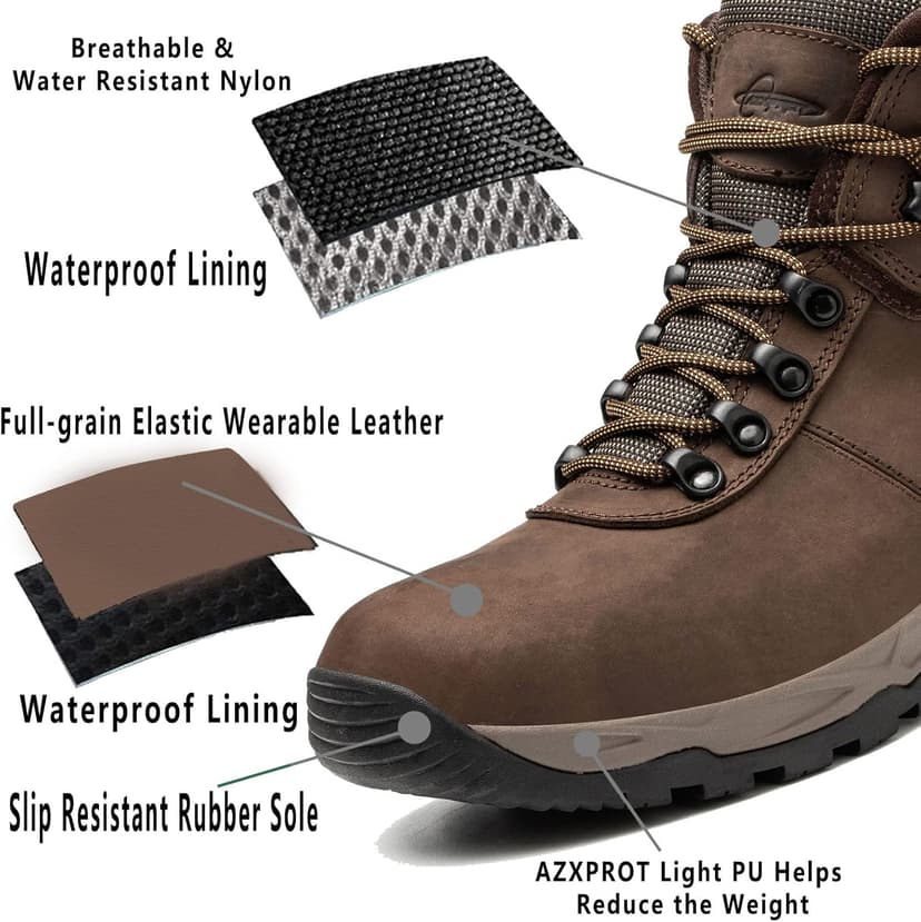AZXPROT Waterproof Hiking Boots for Men, 6" Comfortable Soft Toe Shoes Mid Non Slip Hiking Shoes Outdoor Travel Shoes Leather Hiking Backpack Boots