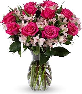 Benchmark Bouquets - Charming Roses & Alstroemeria (Glass Vase Included) - Fresh Flowers for Delivery - Gift for Graduation, Birthday, Anniversary, Sympathy, Get Well, Congratulations