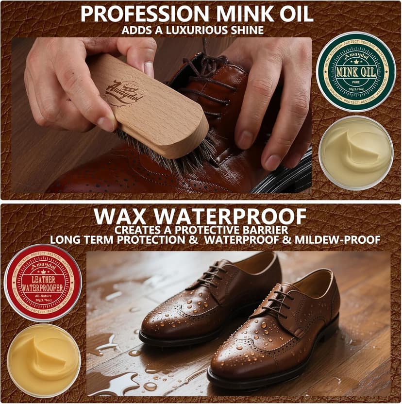 Awaydol 10 PCS Leather Care Kit - Horsehair Brushes,Saddle Soap,Waterproofing Wax,Mink Oil Conditioner,Polishing Cloth,Microfiber cloth,Boot Shoe Shine Cleaning Kit Gift for Men Cowboy Husband Dad 