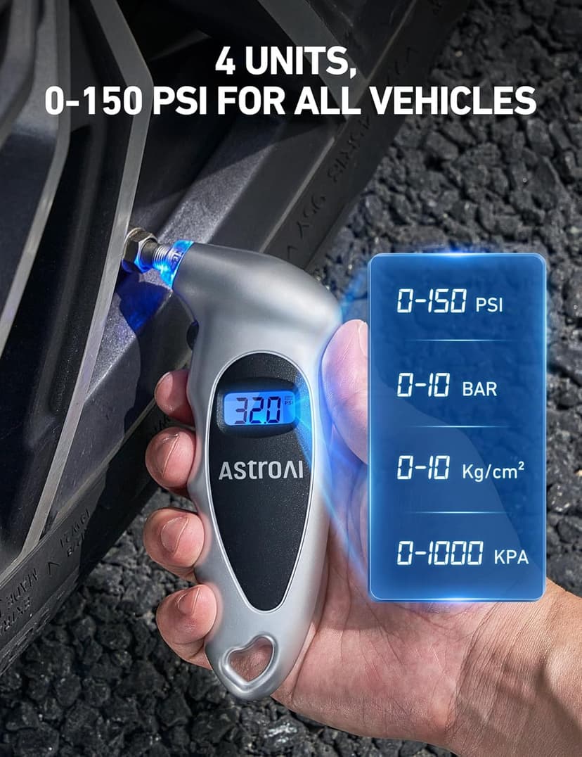 AstroAI Digital Tire Pressure Gauge 0-150PSI Calibrated to ANSI B40.7 +/-1PSI, Accurate in 0.1 Increments, 4 Units for Car Truck Bicycle with Backlight LCD, Silver