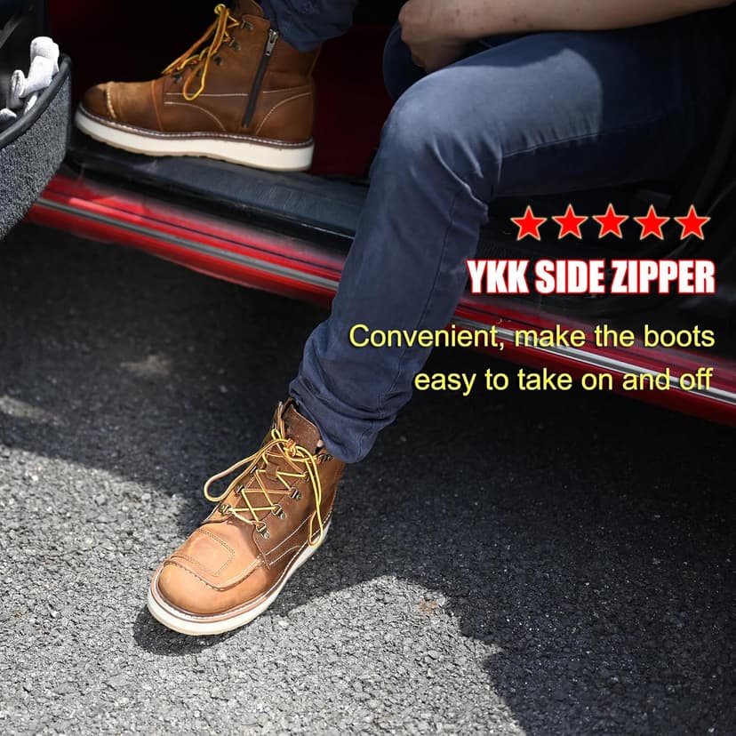 ROCKROOSTER Magnolia 6" Side-Zipper Wedge Boots for Men, Lightweight Soft Moc Toe Motorcycle Boots SAP309-Brown, SAP309BK-Black, SAP310-Black