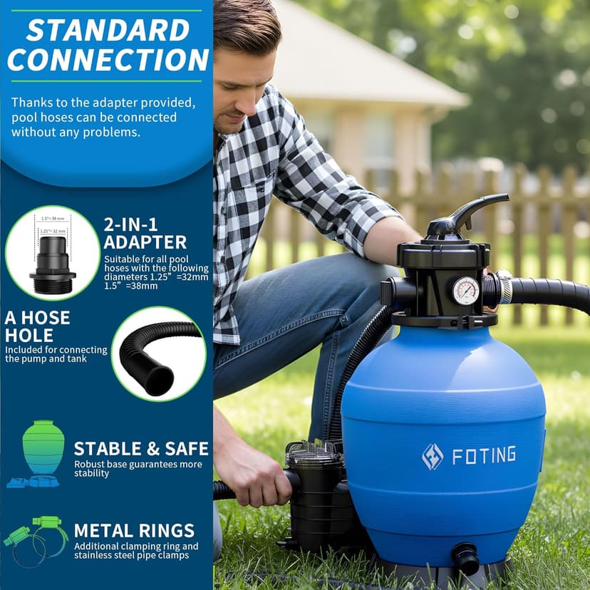 FOTING Sand Filter Pump for Above Ground Pool, Pool Sand Filter with Timer, 7-Way Multi-Port Valve, Pool Pumps Above Ground, 13in 1HP 3800GPH for 13000GAL Pool