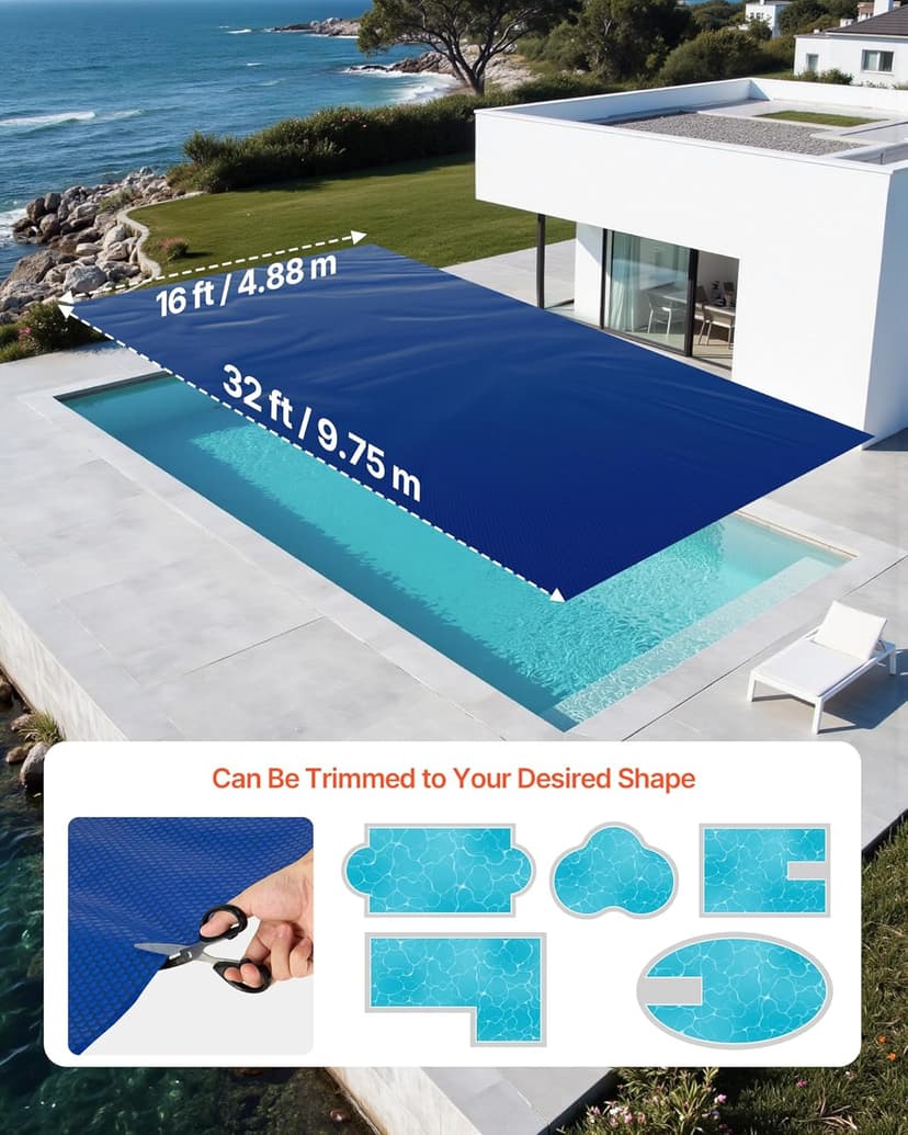 VEVOR Solar Pool Cover, 32 x 16 ft Pool Bubble Cover, 16 Mil Pools Solar Blanket with Dual Heat-Locking Air Layer for Pools, Daytime Heat Absorption, Nighttime Heat Retention, Blue & Silver, Cuttable