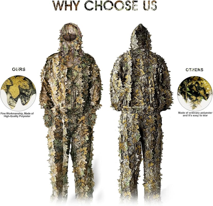 Ghillie Suit Camouflage Hunting Suits Outdoor 3D Leaf Lifelike Camo Clothing Lightweight Breathable Hooded Apparel