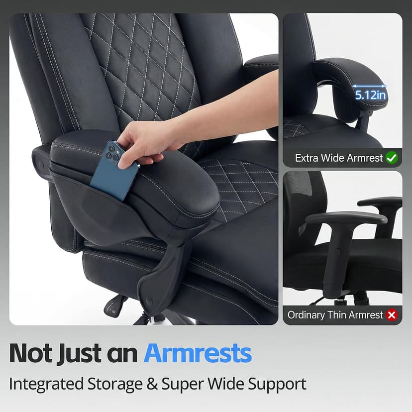 Ergonomic Executive Office Chair - Big and Tall Home Comfy Desk Gaming Chair for Adults, Heavy Duty Leather Reclining Wide Computer Chair with Foot Rest and Back Support (Black)