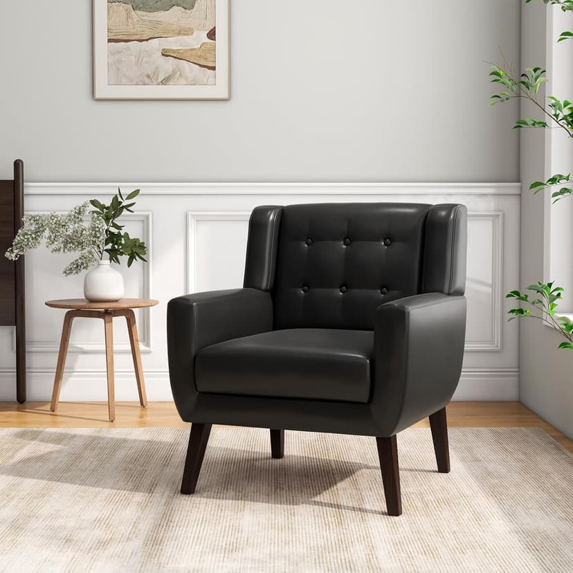 Accent Chair, Mid-Century Modern PU Leather Chairs with Arms for Living Room, Comfy Upholstered Club Single Sofa Armchair for Bedroom Waiting Room with Solid Wood Frame(Leather Black, Set of 2)