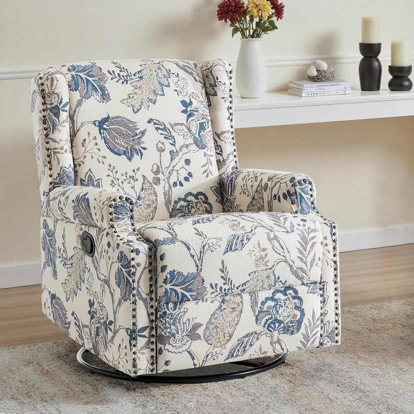 Swivel Glider Floral Recliner Chairs Set of 2, High Back Swivel Rocker Fabric Accent Chair for Living Room, Rivet Trim Upholstered Armchair Manual Sofa Seating - Plants Blue