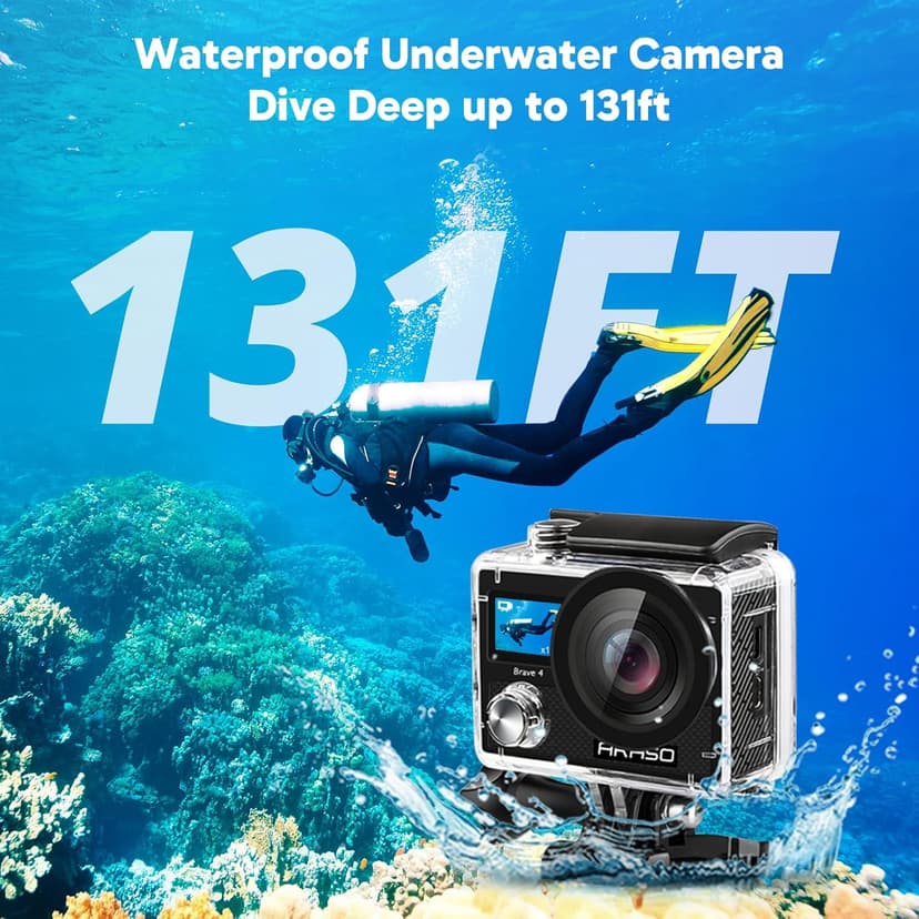 AKASO Brave 4 Action Camera 4K 30fps Ultra Hd Video 20MP Photo, EIS, WiFi Remote Control, Waterproof Underwater Camera for Snorkel, Travel, Motorcyc, Other Sports, 2xBatteries, Helmet Accessories Kit