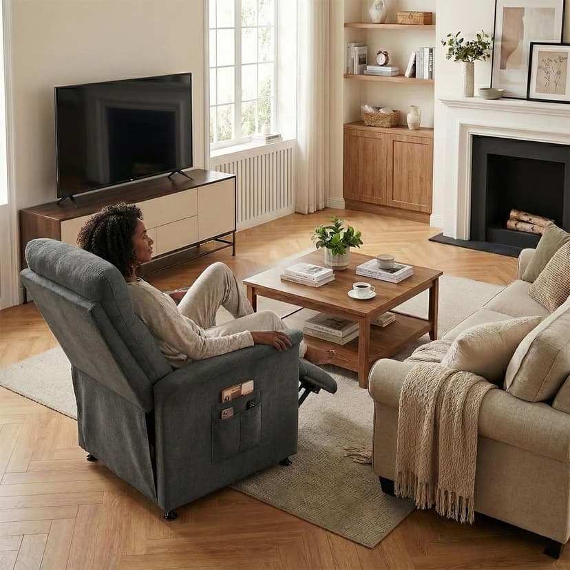 Power Recliner Chair for Adults with Heat & Massage - Soft Fabric Electric Reclining Sofa with Remote Control, 180° Lay Sleeper 3 Side Pockets for Living Room Home Theater, Dark Grey
