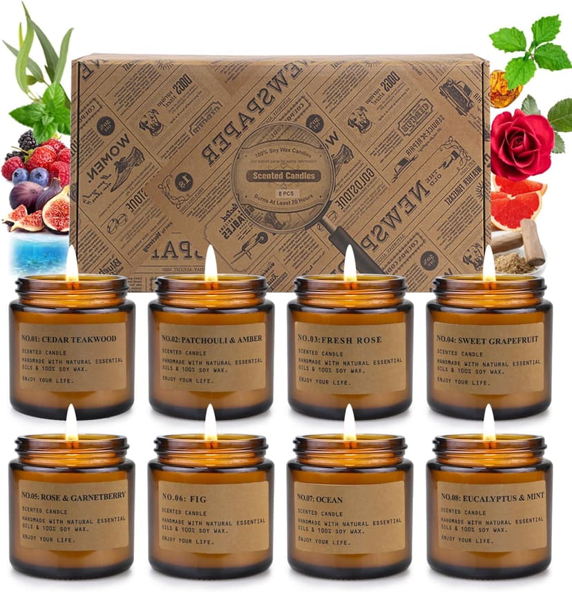 8 Pack Candles for Home Scented,Aromatherapy Jar Candle Gifts for Women, Natural Soy Wax Amber Candle Set, Scented Candles Set for Birthday Valentine Mother's Christmas Day Present