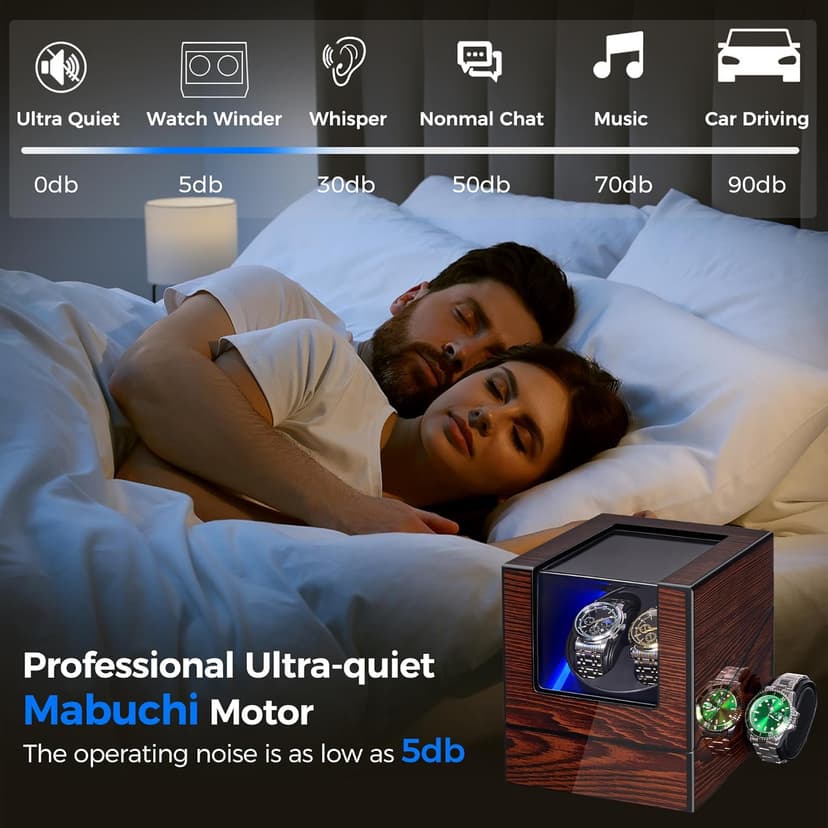 BEWISHOME BEWISHOME Watch Winder for Automatic Watches, Automatic Watch Winder Box Watch Spinner with LED Light, Double Watch Winder with Quiet Motor Wooden 4 Modes Battery or Type-C Adapter, Brown SYQ02Y