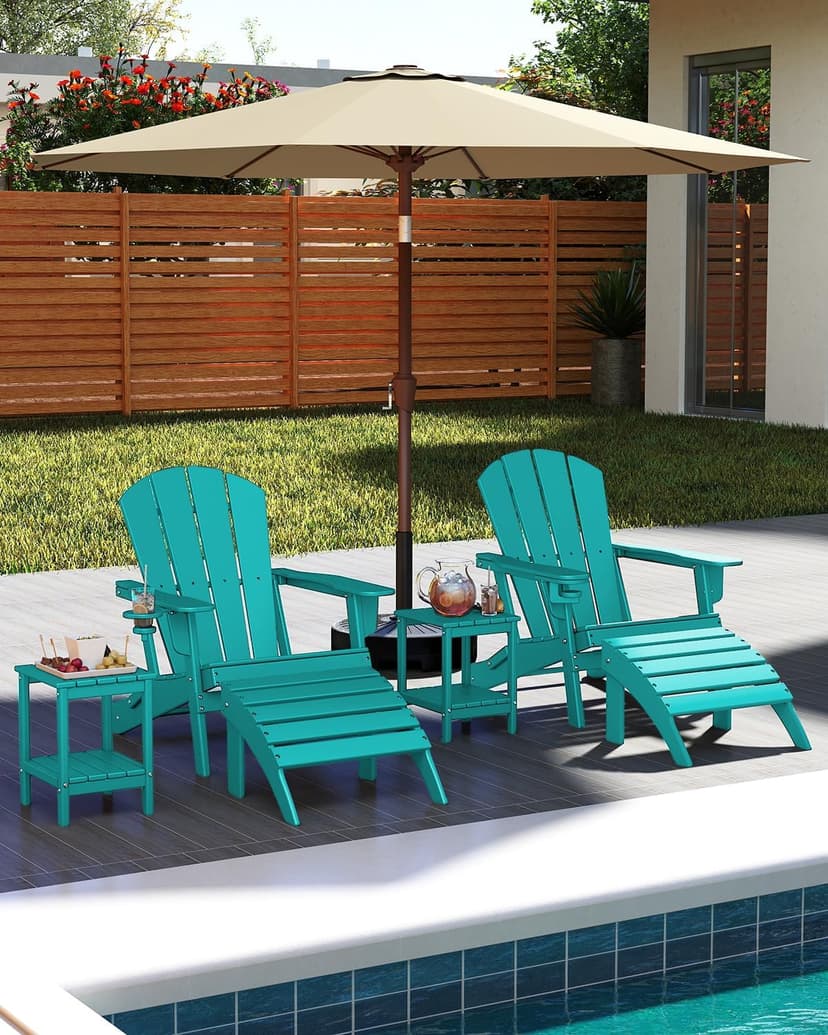 GREENVINES Folding-Adirondack-Chairs-Set-of-2 | w/Cup Holder | HDPE Plastic | All-Weather Patio Fire Pit Chairs | for Outdoor Poolside Deck | Aqua