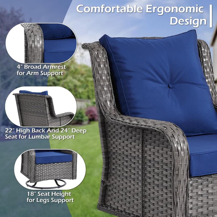 Wumiokio Patio Furniture Sets, 3 Pieces Wicker Outdoor Furniture - 360 Degree Swivel Rocking Chairs and Rattan Side Table for Garden,Porch,Backyard (Grey Wicker/Blue Cushion, 3PCS - Swivel Chairs)