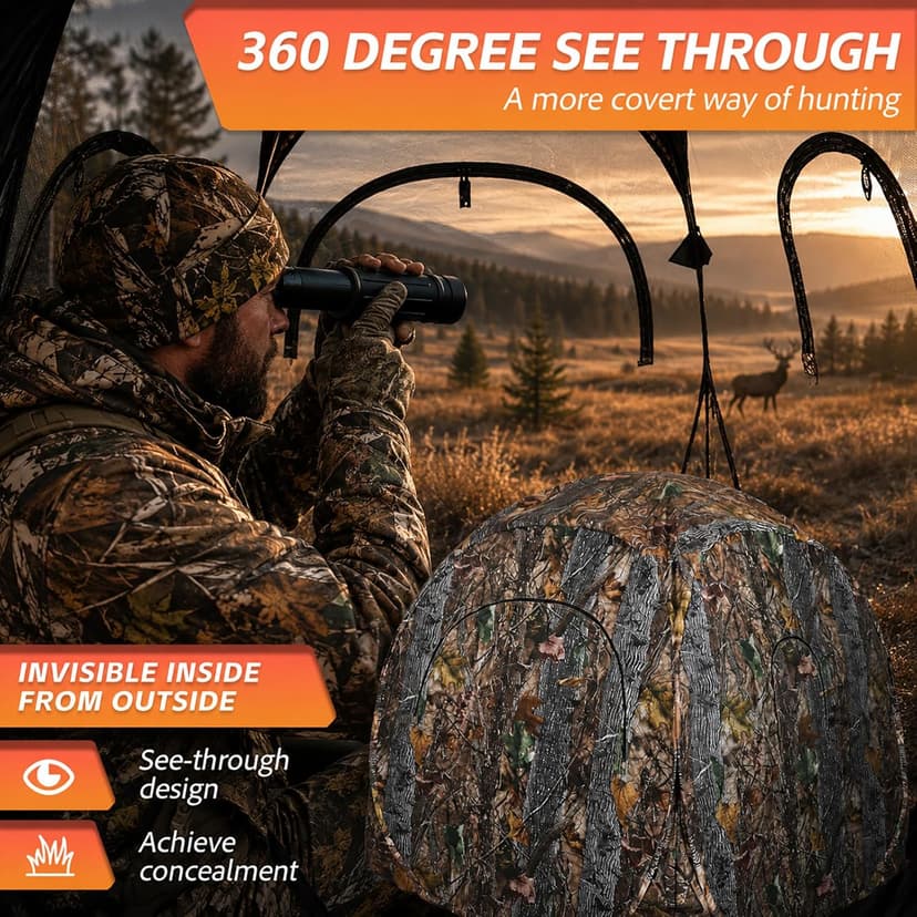 FUNHORUN Hunting Blind 360 Degree See Through with Floor Mat, 2/3 Person Ground Blind, Quick Set Pop Up Tent, Spring Steel Camouflage Tent for Deer and Turkey