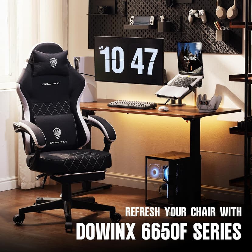Dowinx Fabric Gaming Chair, Ergonomic Computer Chair with Footrest and Pocket Spring Cushion, Height Adjustable Video Gamer Chair with Lumbar Support for Adults, Black