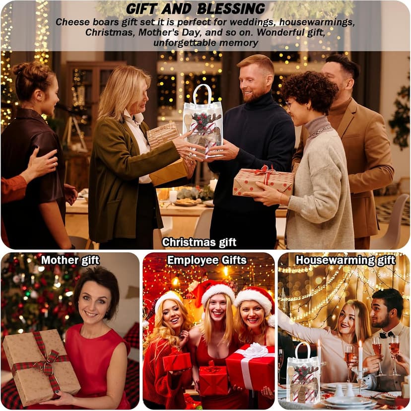 6 Set Christmas Kitchen Gifts Wood Cheese Board Fork Spoon Butter Spreaders Dish Cloth Thank You Card Ribbon and Gift Bags for Merry Christmas Cooking Serving Xmas Utensils Gifts (Reindeer)