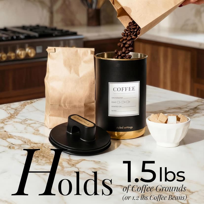 Vacuum Coffee Canister with Airtight Lid – Patented Dual Airtight Coffee Canister with Scoop, Coffee Bean Storage Container or Grounds Container, Storage Container - Black and Gold Kitchen Accessories