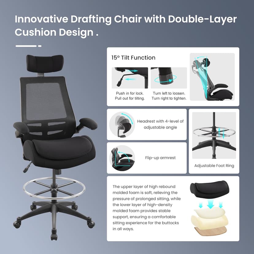 BOLISS Big and Tall Drafting Chair 400lbs - High Back Ergonomic Office Chair for Standing Desk with Double Thick Seat Cushion, Adjustable Foot Ring, Lumbar Support & Flip Up Armrests (Black)