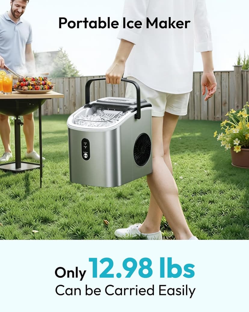 EUHOMY Ice Maker Countertop, Portable Ice Machine with Carry Handle, 26.5lbs Per Day, 9 Cubes in 6 Mins, Auto-Cleaning, with Basket and Scoop, for Home, Kitchen, Camping, RV (Silver)
