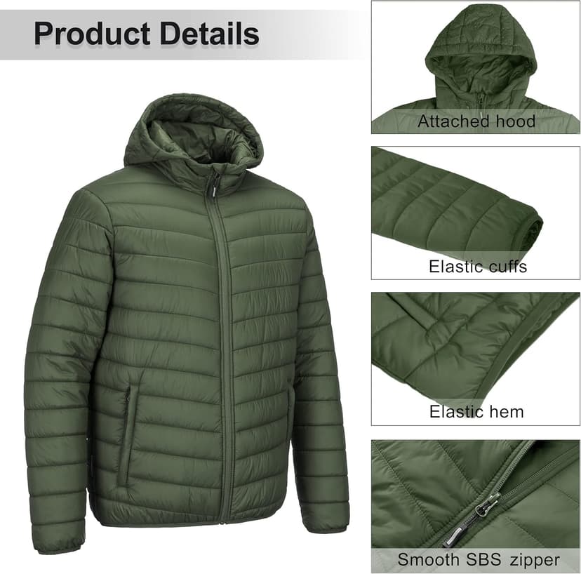 Outdoor Ventures Men's Lightweight Packable Hooded Puffer Jacket Insulated Winter Coat for Snow Ski Traveling