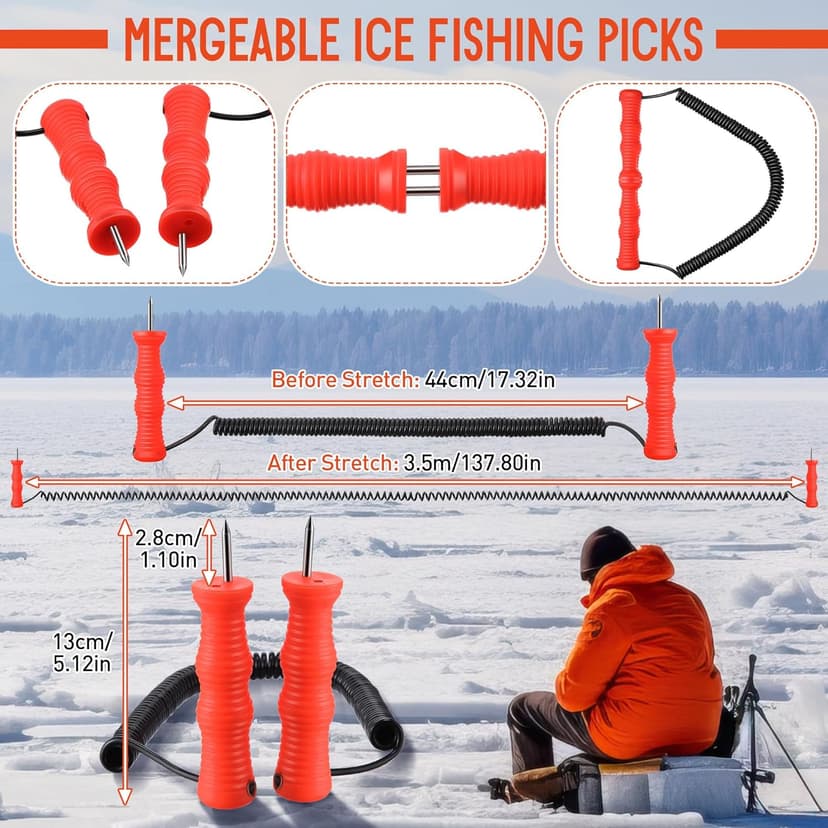 Gulfmew Ice Fishing Safety Kit, Durable Emergency Gear with Compact Ice Picks, One Pair of 8 Tooth Creepers for Boots, Whistle with Reflective Strips and Spring Line Cutting Scissors