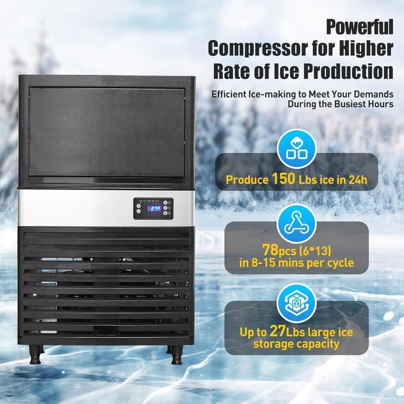 Commercial Ice Maker Machine, 150lbs/24H, 30 Lbs Ice Storage Bin, Fast Making Ice in 5-15 Mins, Auto-Clean, Timer Function, Freestanding or Undercounter for Restaurant,Coffee Shop, Food Truck and Bar