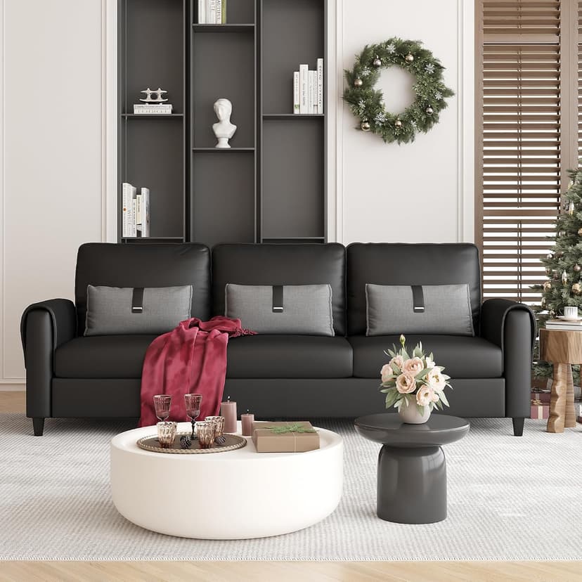 STHOUYN 88” Faux Leather Couch for Living Room, Black Office Couch Small Space, Comfy 3 Seater Couches Leather Sofa with High Backrest (Black)