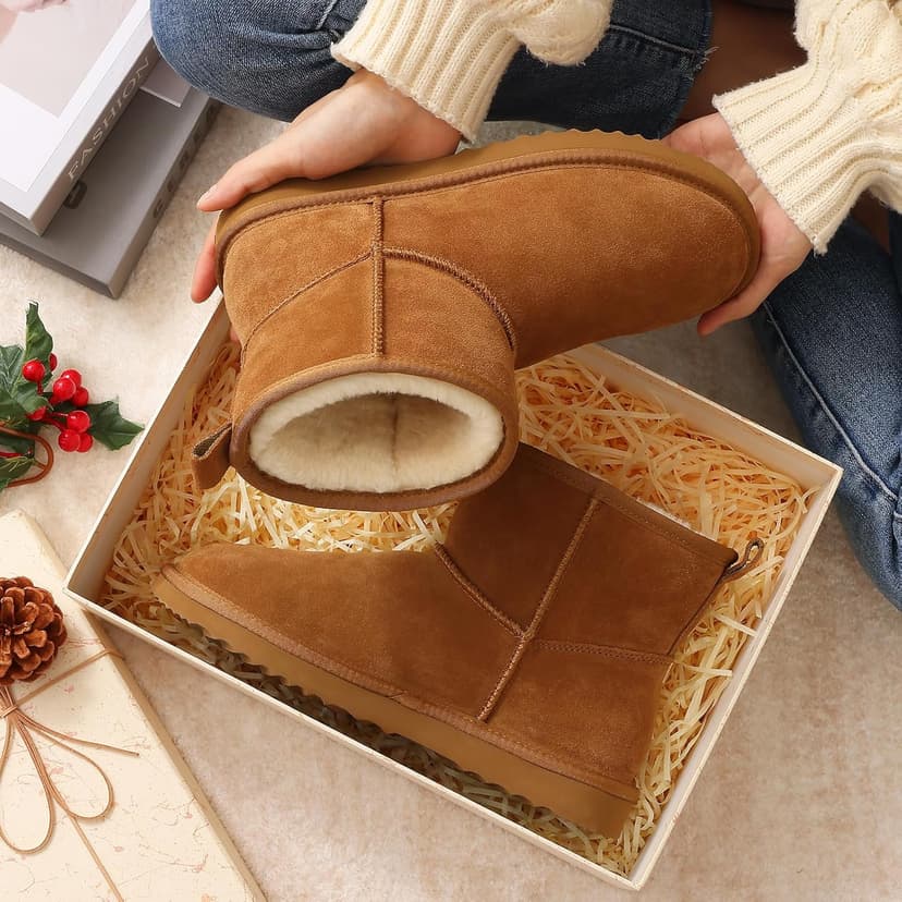 Litfun Genuine Suede Mini Boots for Women Winter Warm Fuzzy Boots Comfort Snow Boots with Fur Lined