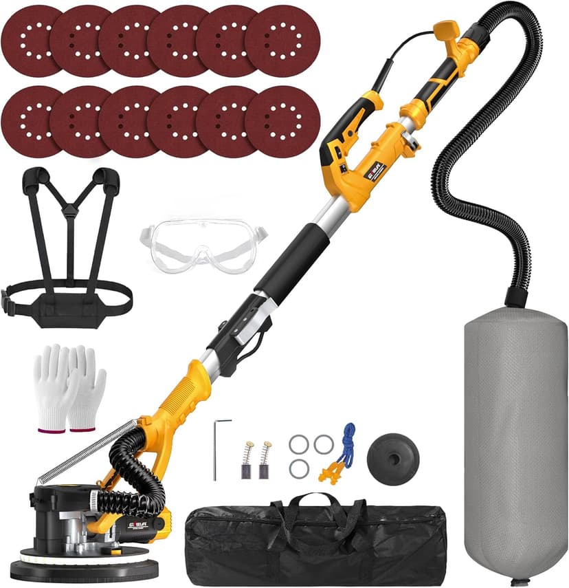 GEVEELIFE Drywall Sander, 880W Popcorn Ceiling Removal Tool, Drywall Sander with Vacuum Dust Collector, 5 Variable Speed 1000-2100RPM, LED Light, Foldable & Extendable Handle, 12 Sanding Discs