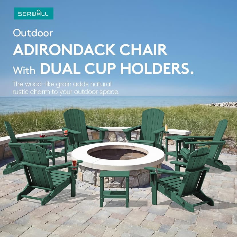 SERWALL Adirondack Chair with Cup Holders - Composite Adirondack Chairs Set of 4 HDPE Outdoor Chairs All Weather Use- Green