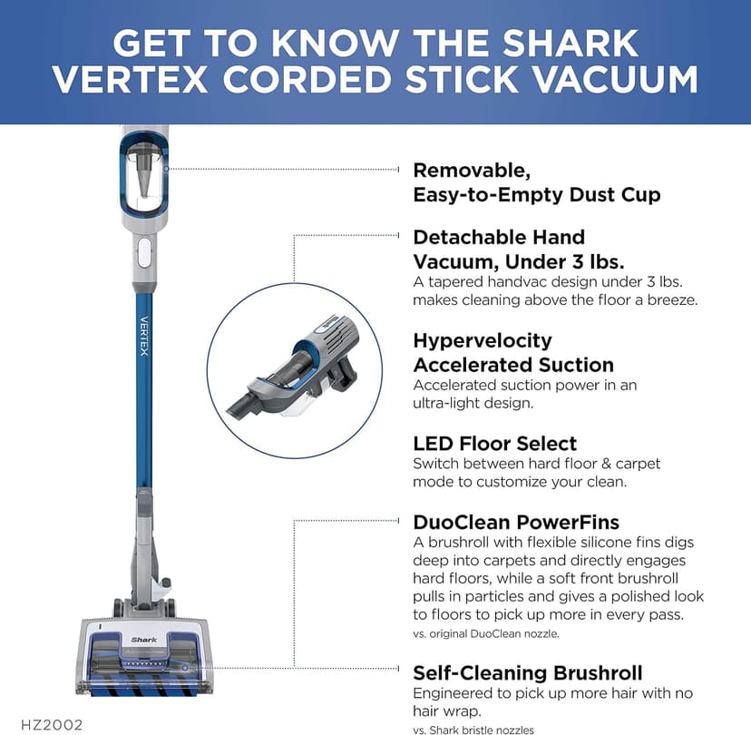 Shark Corded Stick Vacuum Cleaner | Vertex Ultralight | Removable Handheld Vacuum | Pet Hair Vacuum for Carpet and Hard Floor | Powerful Suction | No Hair Wrap | 3 Attachments Included | HZ2002