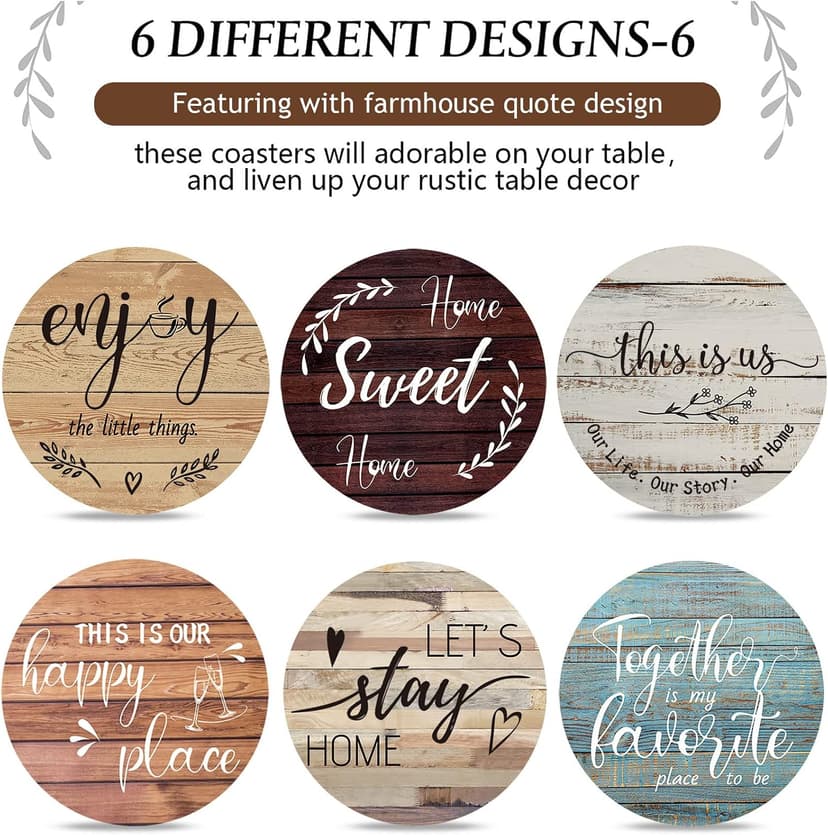 Wooden Coasters for Drink with Holder, 4'', Funny Home Decoration for Family Coffee Bar Table Protection, New Home Gift Ideas Queekay House Warming Gifts New Home Farmhouse Coasters Set of 6, Mixed B0BRSGRGBG