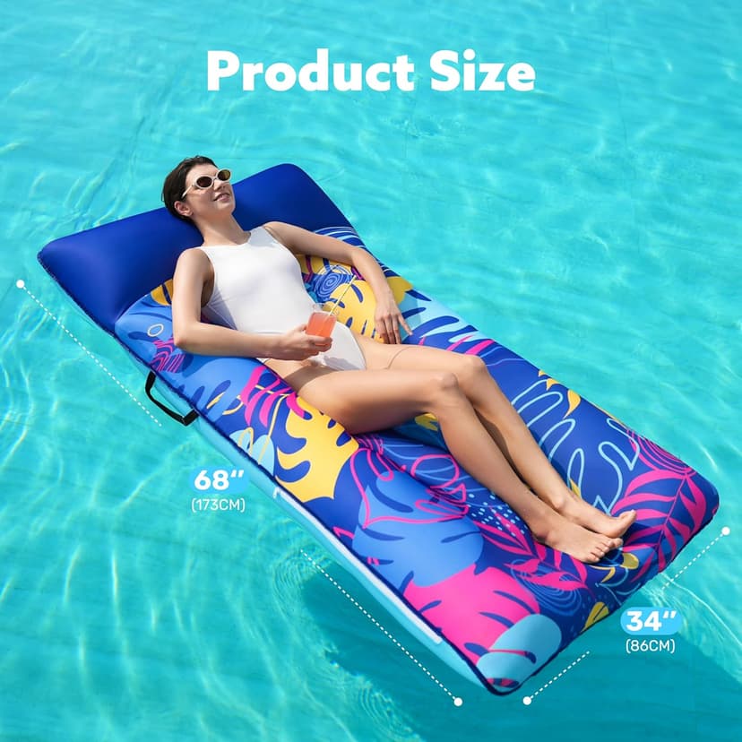 SLOOSH Inflatable Pool Floats Raft - XL Fabric Covered Pool Mat Lounger Floaties for Adults, Ultra Comfort Inflatable Water Float with Headrest for Beach Lake Swimming Pool Floating 68"X34" (Blue)