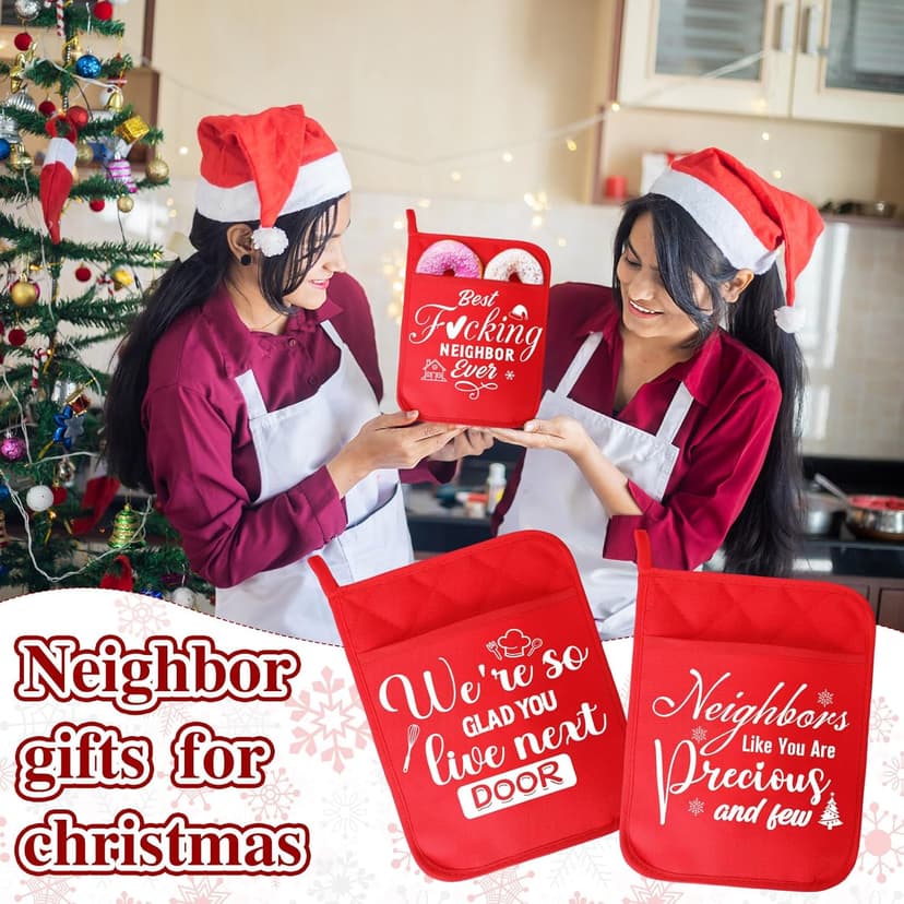 12 Pcs Christmas Neighbor Gifts Red Potholders with Pocket Pad Oven Hot Mitts Cookie Bag Pot Holder Christmas Kitchen Gift Cooking Baking for Neighbor Gift Housewarming Idea