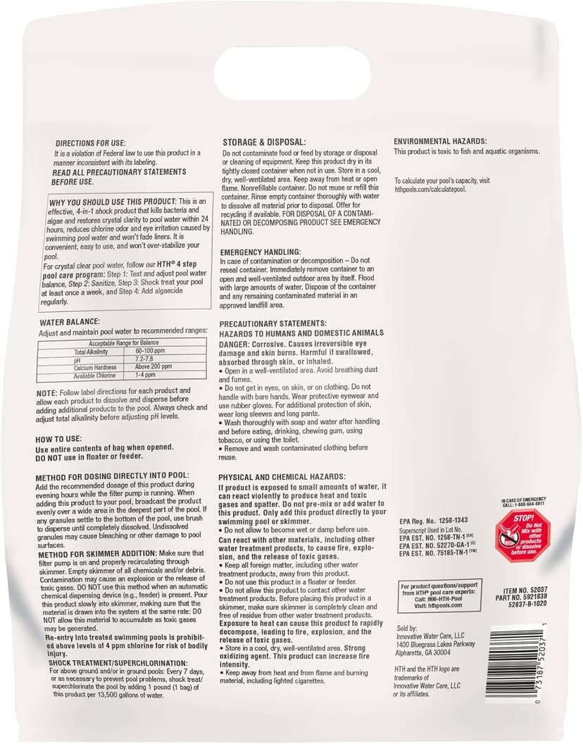 HTH 52037R Pool Care Shock Advanced, Swimming Pool Chemical - Cal Hypo Formula, Prevents Bacteria & Algae, Restores Crystal Clear Water - Shock Treatment, 1lb (12 Pack)