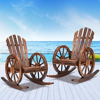 Spurgehom Outdoor Wooden Rocking Chair, Yard Glider Rocking Chairs Patio Decor Wood Rocker with Slatted Design, Adirondack Rocking Chair for Porch Lawn Garden Balcony Poolside, Brown（2PC）