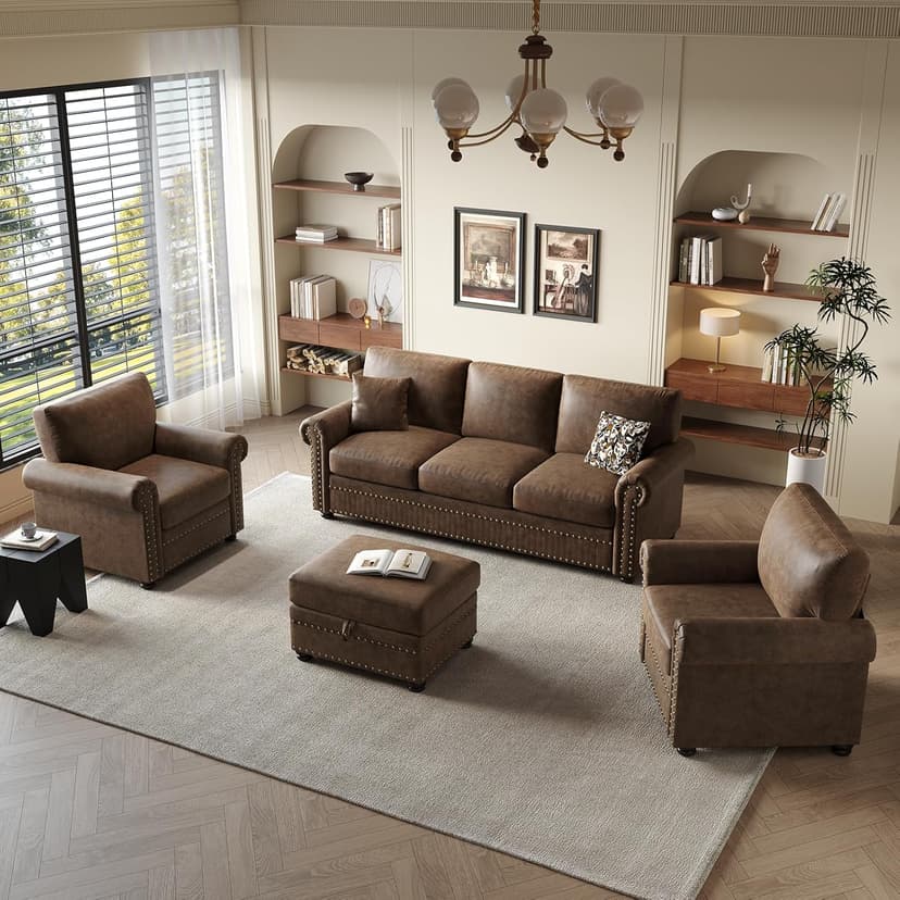 ONBRILL Faux Leather Sofa, 84 Inches Nailhead Trim Couch for Living Room, Mid-Century Modern Deep Seat Sofa with Rolled Arms, Classic 3 Seater Couch for Apartment, Office, Brown