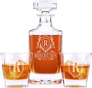 Personalized Whiskey Decanter Set - 5 Design Options - Custom Liquor 25 oz, 750ml Liquor Decanter w/Whiskey Glass Set Options, Birthday & Retirement Gifts for Men
