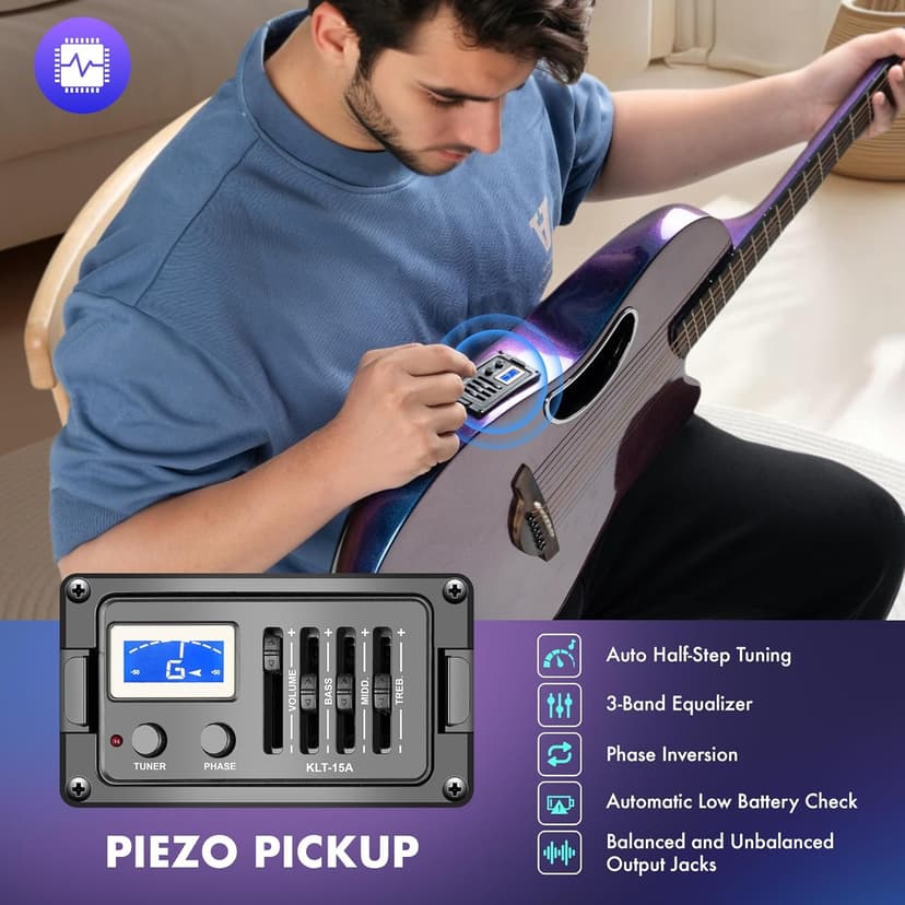 CAHAYA Acoustic Electric Guitar Kit - 41” Carbon Fiber Adult Beginner Set with Bag and Strap Built-In Pickup Rich Resonance & Warm Tone for Performance Ready, Pearl Blue-Purple Finish