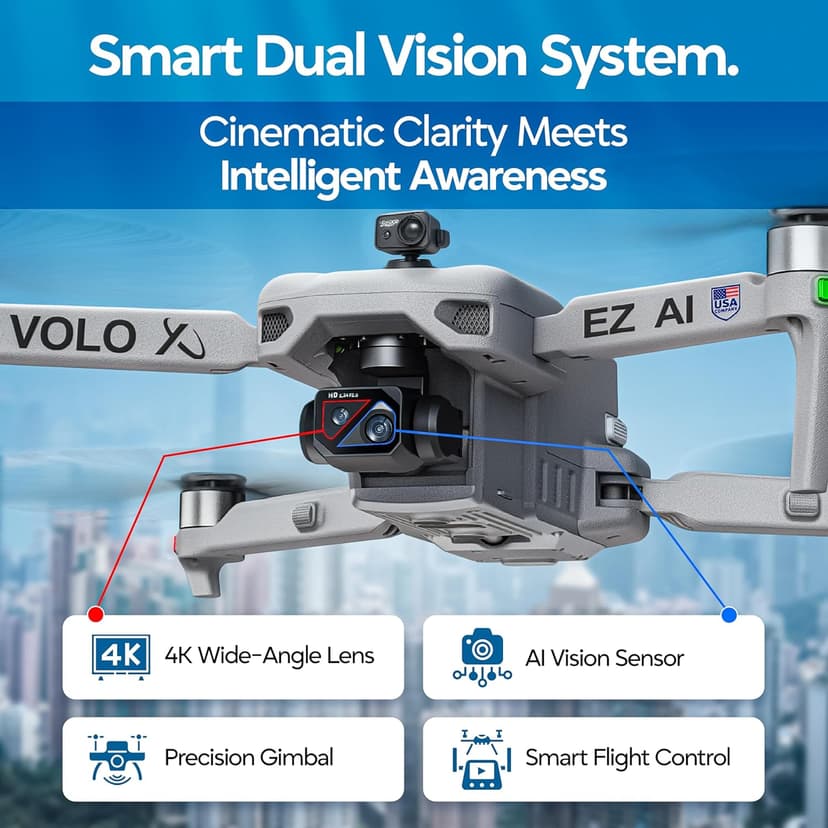 DCX Volo X EZ AI Drones – Drones with Camera for Adults 4k AI-Assisted Flight Control – FAA Approved Drone 4k Camera, 360° Obstacle Avoidance, U.S. Support – Beginner Drone for Adults