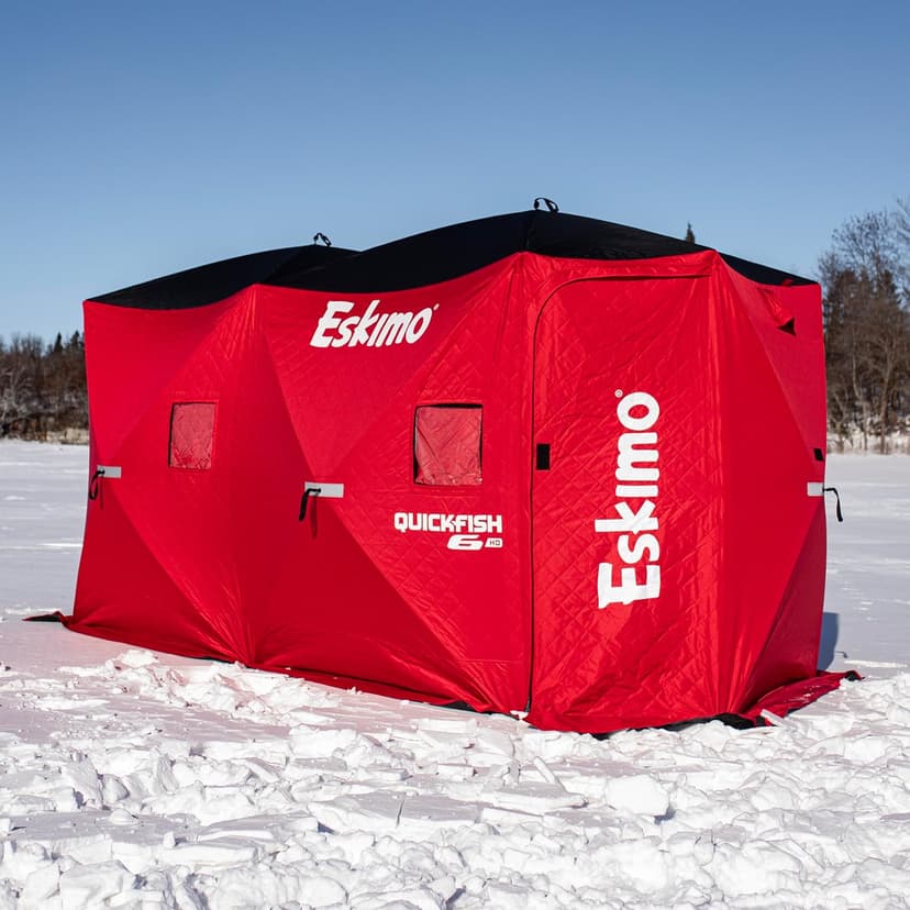 Eskimo QuickFish™ 6HD, Pop-Up Portable Shelter, No-Trip Door, Red/Black, Fully Insulated, Deluxe Ice Anchors, Six Person, Ice Fishing Shelter, 46076
