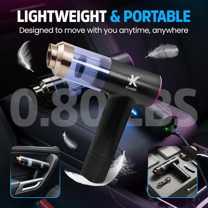 Handheld Car Vacuum Cleaner, Dual Suction 7.5K & 12k Pa, Portable Mini | Blower, Inflator, Deflator and Dustbuster for Car, Home, Kitchen & Office | Black Color