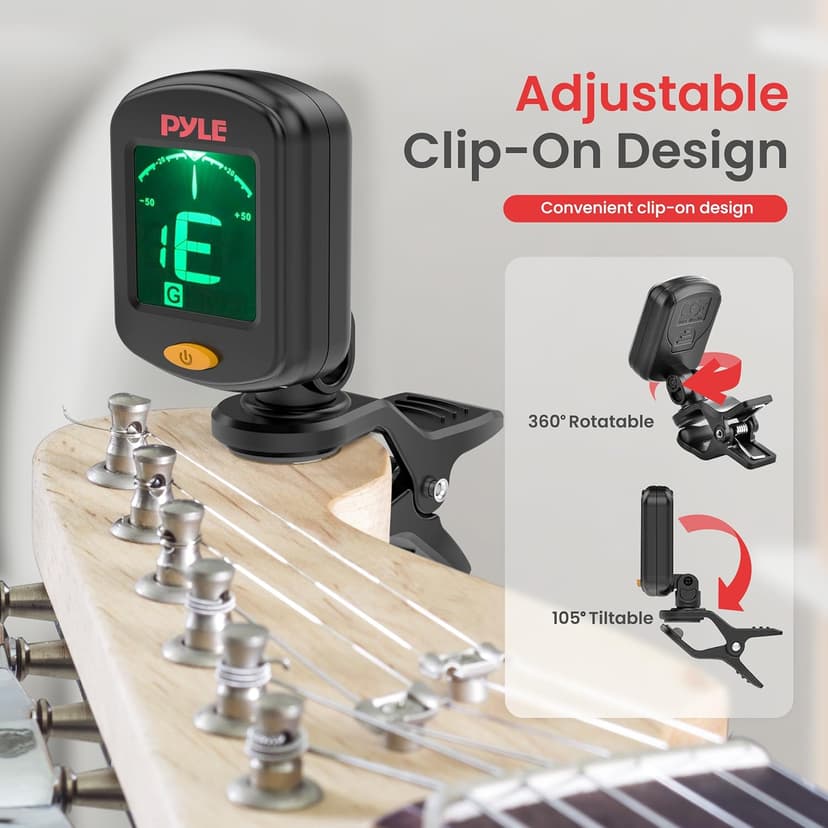 Pyle Digital Guitar Tuner Clip On, High Accuracy Chromatic Tuner for Electric and Acoustic Guitars, Bass, Violin, Ukulele, Adjustable and Rotatable, Auto Shut-Off Function